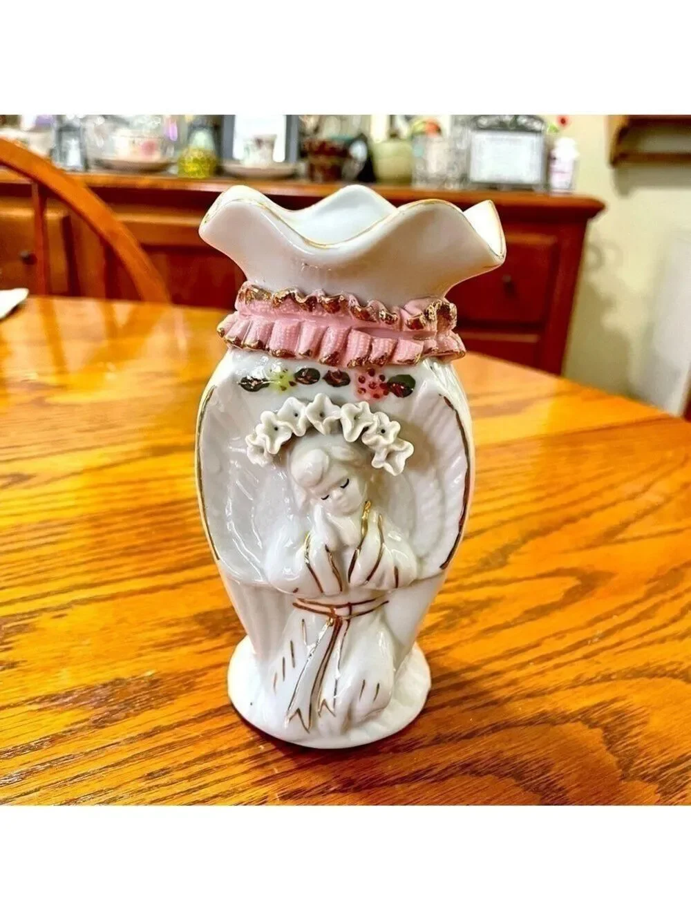 Vintage Ceramic Geisha Bud Vase White Pink Gold